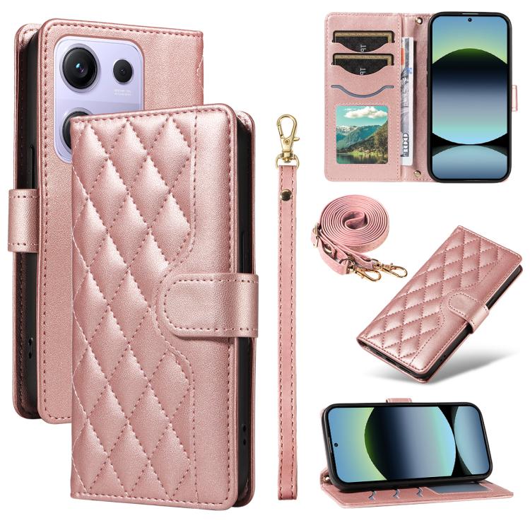 Three Card Slot Diamond Grid Leather Phone Case with Long / Short Straps, For Xiaomi Poco M6 Pro 4G Global