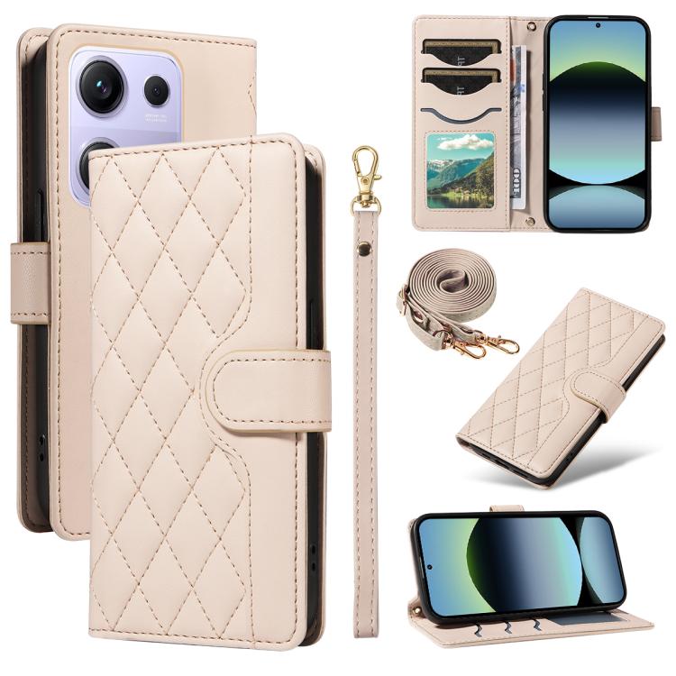 Three Card Slot Diamond Grid Leather Phone Case with Long / Short Straps, For Xiaomi Poco M6 Pro 4G Global