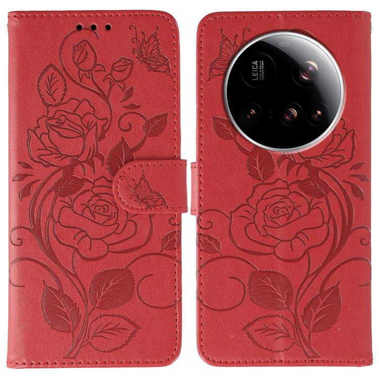Rose Butterfly Embossed Leather Phone Case, For Xiaomi 15 Ultra, For Xiaomi Poco X7 Pro, For Xiaomi 15 Pro, For Xiaomi 15, For Xiaomi 14T Pro, For Xiaomi 14T, For Xiaomi Poco C61 4G Global, For Xiaomi 13T / 13T Pro
