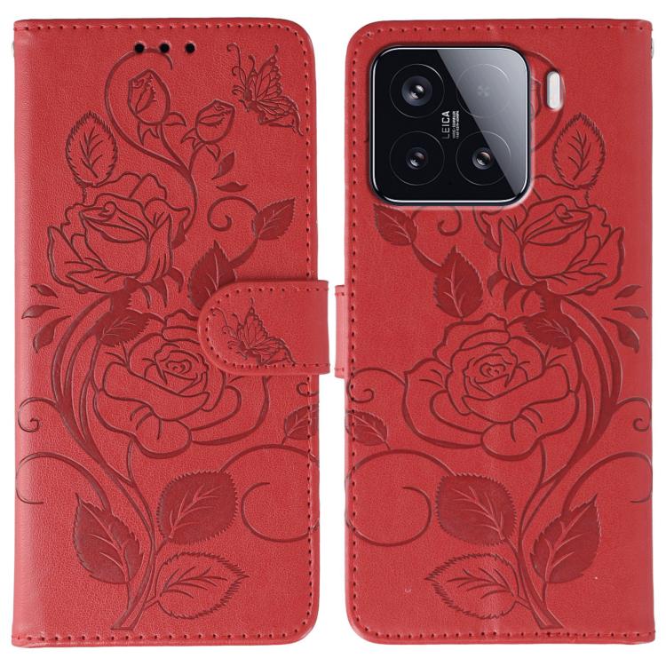 Rose Butterfly Embossed Leather Phone Case, For Xiaomi 15 Ultra, For Xiaomi Poco X7 Pro, For Xiaomi 15 Pro, For Xiaomi 15, For Xiaomi 14T Pro, For Xiaomi 14T, For Xiaomi Poco C61 4G Global, For Xiaomi 13T / 13T Pro