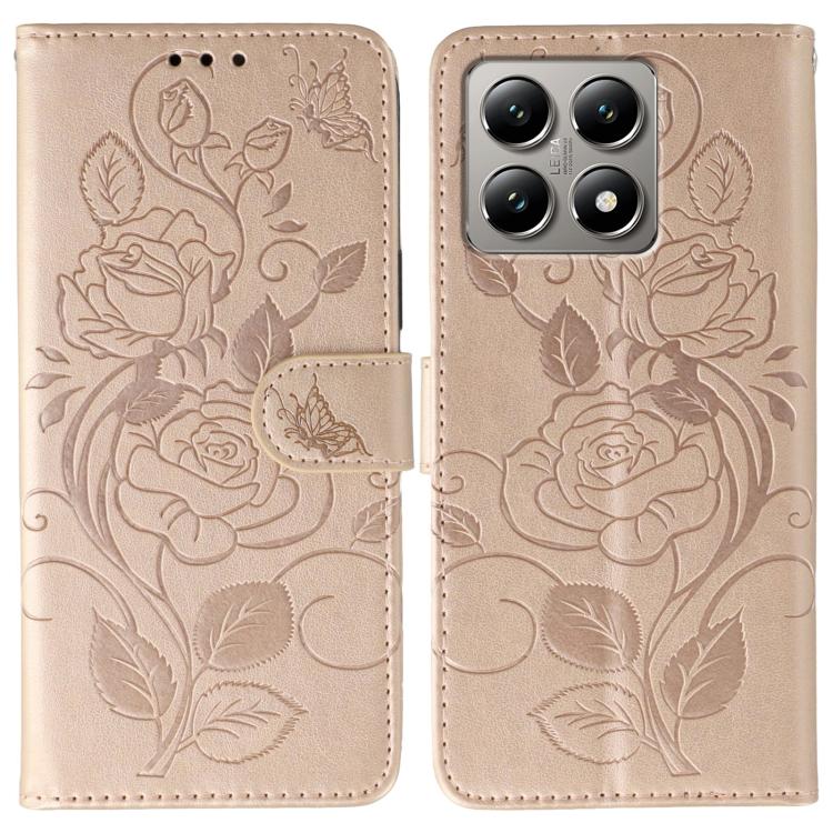 Rose Butterfly Embossed Leather Phone Case, For Xiaomi 15 Ultra, For Xiaomi Poco X7 Pro, For Xiaomi 15 Pro, For Xiaomi 15, For Xiaomi 14T Pro, For Xiaomi 14T, For Xiaomi Poco C61 4G Global, For Xiaomi 13T / 13T Pro