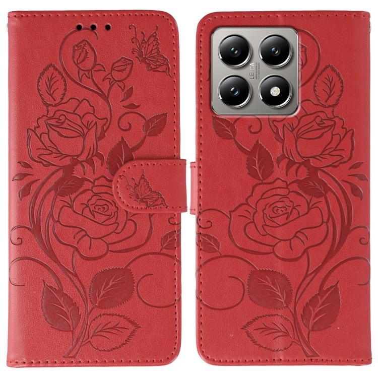Rose Butterfly Embossed Leather Phone Case, For Xiaomi 15 Ultra, For Xiaomi Poco X7 Pro, For Xiaomi 15 Pro, For Xiaomi 15, For Xiaomi 14T Pro, For Xiaomi 14T, For Xiaomi Poco C61 4G Global, For Xiaomi 13T / 13T Pro