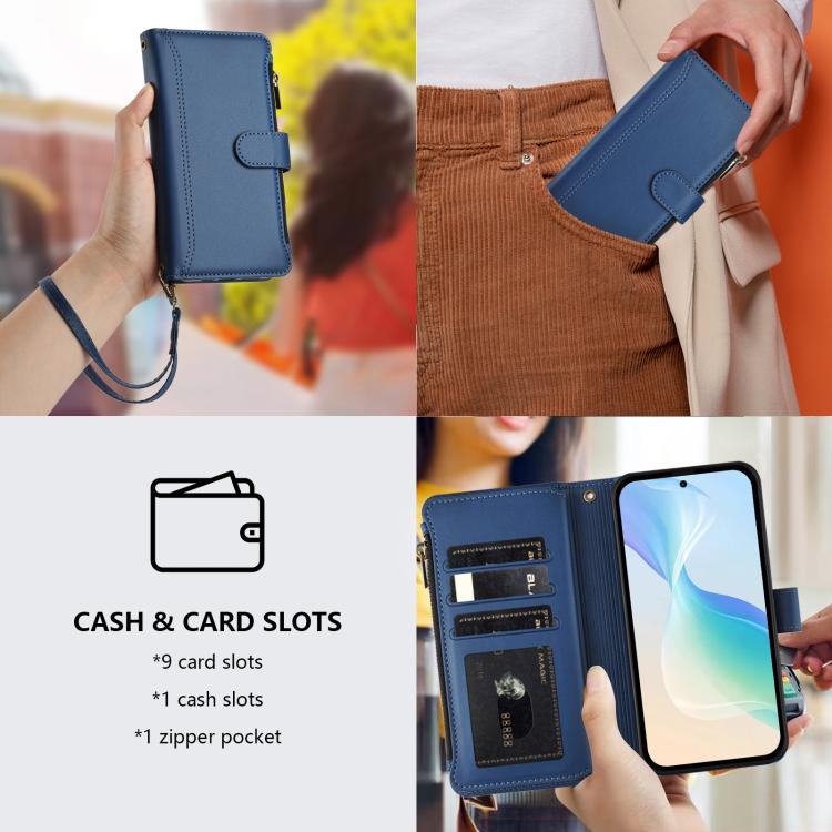 Magnetic Closure 9 Card Slots Zipper Leather Case with Hand Strap, For Motorola Moto G Max/G87/G77/G67 5G, For Motorola Moto X70 Air Pro 5G, For Motorola Moto G17 4G/G17 Power 4G, For Motorola Moto G67 Power 5G Global, For Motorola Edge 70 5G / X70 Air...