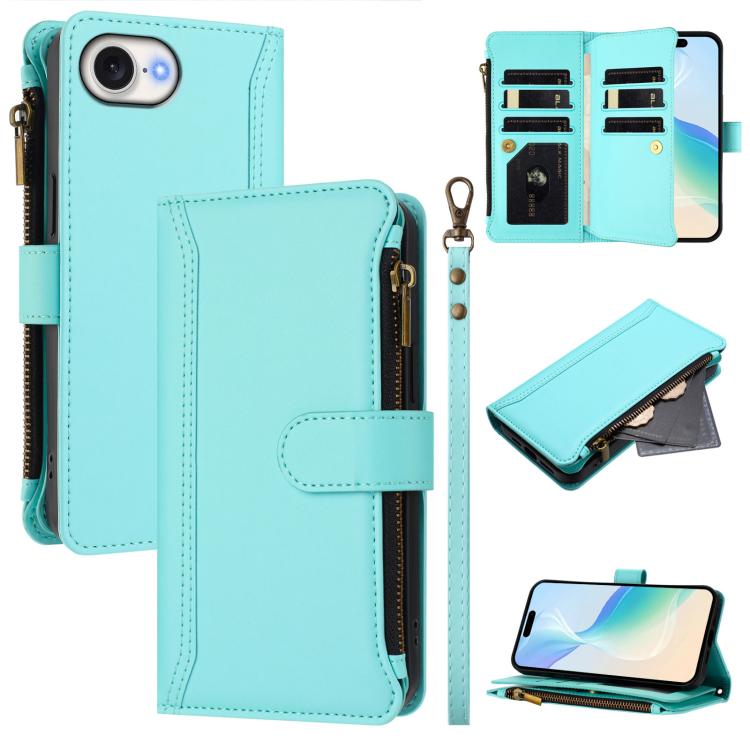 Magnetic Closure 9 Card Slots Zipper Leather Case with Hand Strap, For iPhone 18 Pro / 17 Pro, For iPhone 18 Pro Max / 17 Pro Max, For iPhone 17e / 16e, For iPhone 17, For iPhone Air, For iPhone 16 Pro Max, For iPhone 16 Pro, For iPhone 16 Plus