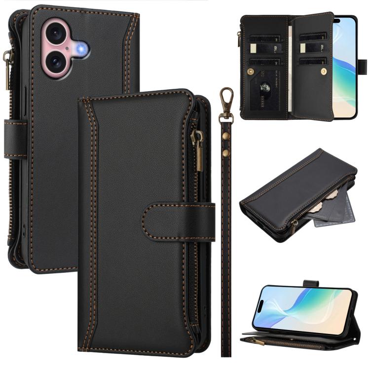 Magnetic Closure 9 Card Slots Zipper Leather Case with Hand Strap, For iPhone 16, For iPhone 15 Pro Max, For iPhone 15 Pro, For iPhone 15 Plus, For iPhone 15, For iPhone 14 Plus, For iPhone 14 / 13, For iPhone 14 Pro