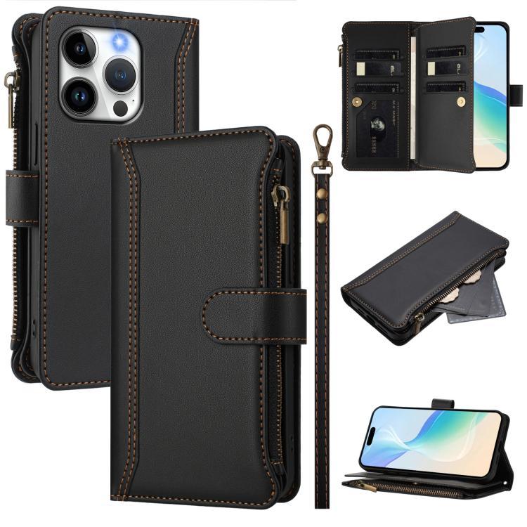 Magnetic Closure 9 Card Slots Zipper Leather Case with Hand Strap, For iPhone 16, For iPhone 15 Pro Max, For iPhone 15 Pro, For iPhone 15 Plus, For iPhone 15, For iPhone 14 Plus, For iPhone 14 / 13, For iPhone 14 Pro