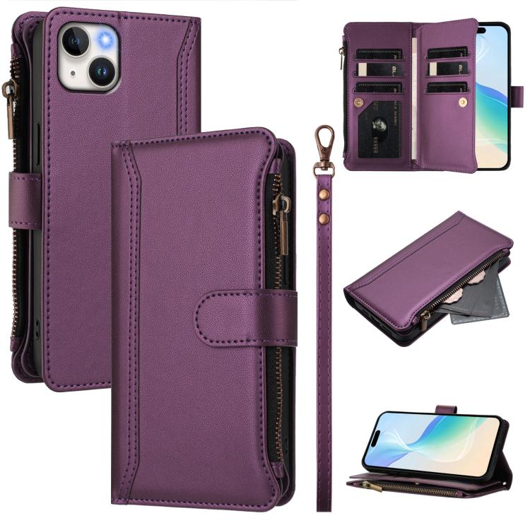Magnetic Closure 9 Card Slots Zipper Leather Case with Hand Strap, For iPhone 16, For iPhone 15 Pro Max, For iPhone 15 Pro, For iPhone 15 Plus, For iPhone 15, For iPhone 14 Plus, For iPhone 14 / 13, For iPhone 14 Pro