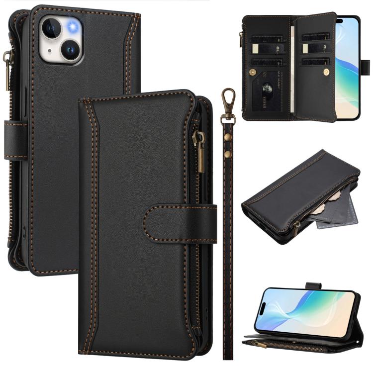 Magnetic Closure 9 Card Slots Zipper Leather Case with Hand Strap, For iPhone 16, For iPhone 15 Pro Max, For iPhone 15 Pro, For iPhone 15 Plus, For iPhone 15, For iPhone 14 Plus, For iPhone 14 / 13, For iPhone 14 Pro