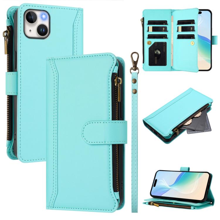 Magnetic Closure 9 Card Slots Zipper Leather Case with Hand Strap, For iPhone 16, For iPhone 15 Pro Max, For iPhone 15 Pro, For iPhone 15 Plus, For iPhone 15, For iPhone 14 Plus, For iPhone 14 / 13, For iPhone 14 Pro
