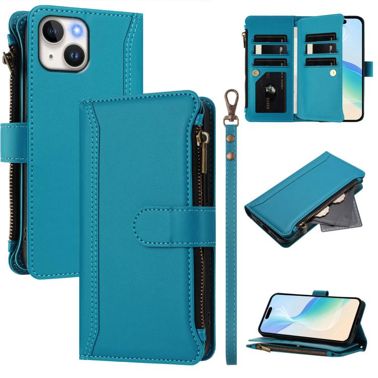 Magnetic Closure 9 Card Slots Zipper Leather Case with Hand Strap, For iPhone 16, For iPhone 15 Pro Max, For iPhone 15 Pro, For iPhone 15 Plus, For iPhone 15, For iPhone 14 Plus, For iPhone 14 / 13, For iPhone 14 Pro