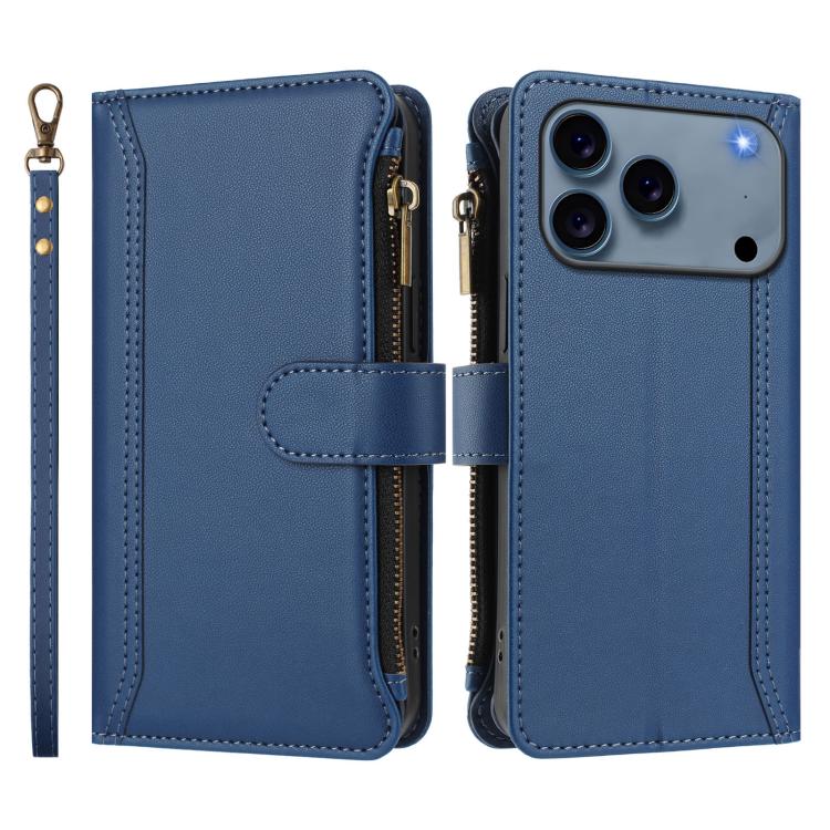 Magnetic Closure 9 Card Slots Zipper Leather Case with Hand Strap, For iPhone 18 Pro / 17 Pro, For iPhone 18 Pro Max / 17 Pro Max, For iPhone 17e / 16e, For iPhone 17, For iPhone Air, For iPhone 16 Pro Max, For iPhone 16 Pro, For iPhone 16 Plus