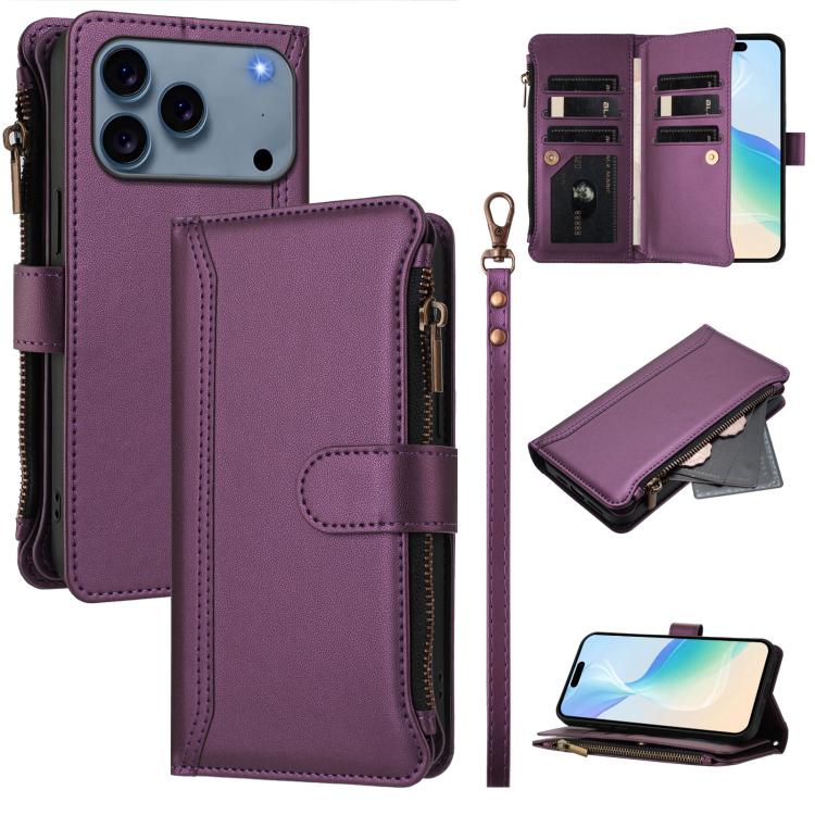 Magnetic Closure 9 Card Slots Zipper Leather Case with Hand Strap, For iPhone 18 Pro / 17 Pro, For iPhone 18 Pro Max / 17 Pro Max, For iPhone 17e / 16e, For iPhone 17, For iPhone Air, For iPhone 16 Pro Max, For iPhone 16 Pro, For iPhone 16 Plus