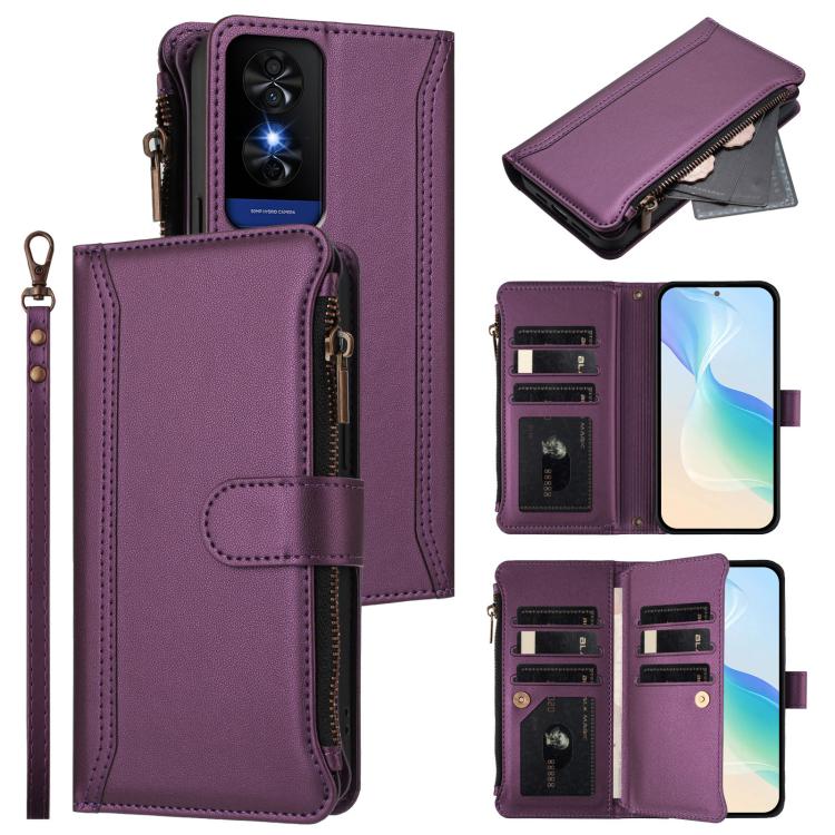 Magnetic Closure 9 Card Slots Zipper Leather Case with Hand Strap, For TCL 60 NxtPaper, For TCL 605 / 60 SE, For TCL 60R 5G, For TCL 503, For TCL 50 5G / 50 XE NxtPaper 5G, For TCL 50 XL / 50 XL NxtPaper 5G, For TCL 201, For TCL 50 XE