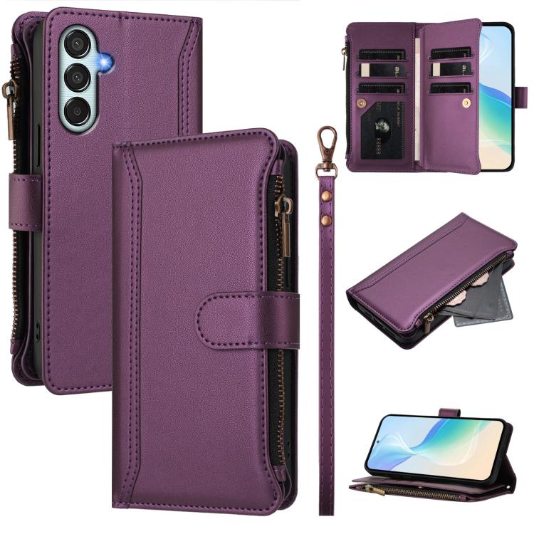 Magnetic Closure 9 Card Slots Zipper Leather Case with Hand Strap, For Samsung Galaxy M56 5G, For Samsung Galaxy M16 / F16 5G, For Samsung Galaxy M06 / F06 5G, For Samsung Galaxy M35 5G, For Samsung Galaxy M55 / C55 5G, For Samsung Galaxy Xcover7 Pro  ...