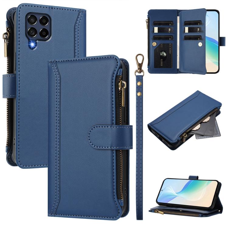 Magnetic Closure 9 Card Slots Zipper Leather Case with Hand Strap, For Samsung Galaxy M54 / F54 5G, For Samsung Galaxy M14 5G, For Samsung Galaxy M53 5G, For Samsung Galaxy M33 5G, For Samsung Galaxy M52 5G, For Samsung Galaxy M32 4G / M22             ...