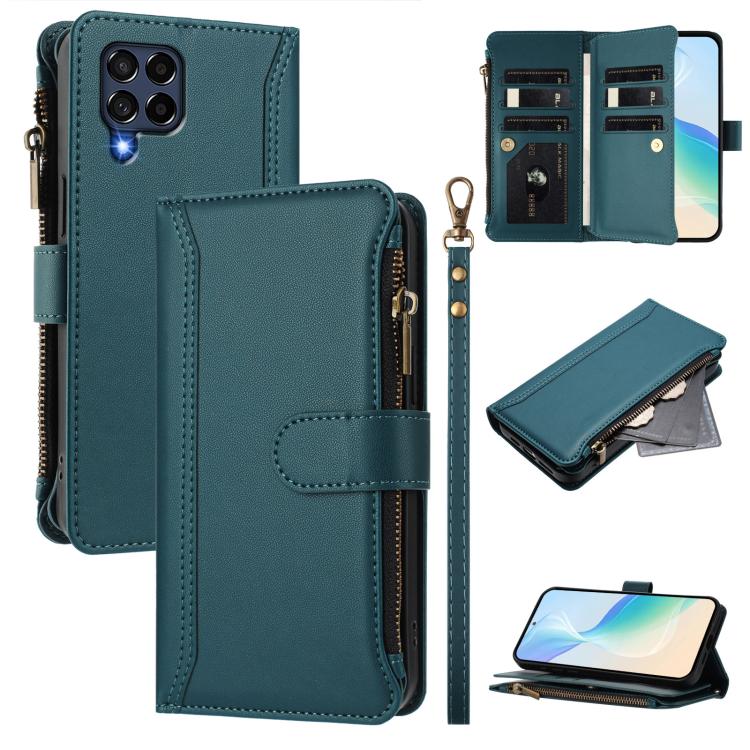 Magnetic Closure 9 Card Slots Zipper Leather Case with Hand Strap, For Samsung Galaxy M54 / F54 5G, For Samsung Galaxy M14 5G, For Samsung Galaxy M53 5G, For Samsung Galaxy M33 5G, For Samsung Galaxy M52 5G, For Samsung Galaxy M32 4G / M22             ...