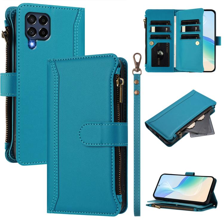 Magnetic Closure 9 Card Slots Zipper Leather Case with Hand Strap, For Samsung Galaxy M54 / F54 5G, For Samsung Galaxy M14 5G, For Samsung Galaxy M53 5G, For Samsung Galaxy M33 5G, For Samsung Galaxy M52 5G, For Samsung Galaxy M32 4G / M22             ...