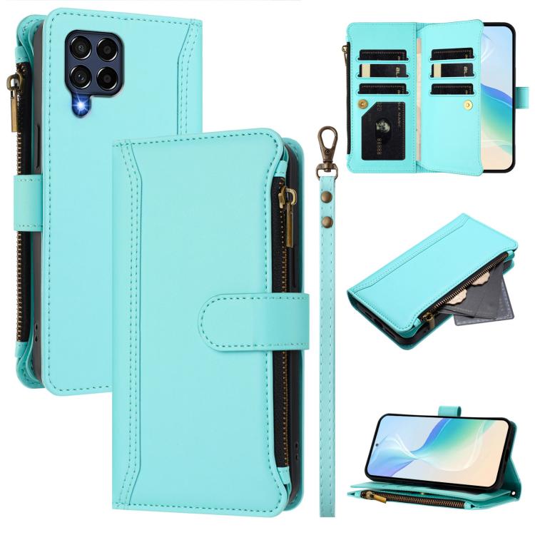 Magnetic Closure 9 Card Slots Zipper Leather Case with Hand Strap, For Samsung Galaxy M54 / F54 5G, For Samsung Galaxy M14 5G, For Samsung Galaxy M53 5G, For Samsung Galaxy M33 5G, For Samsung Galaxy M52 5G, For Samsung Galaxy M32 4G / M22             ...