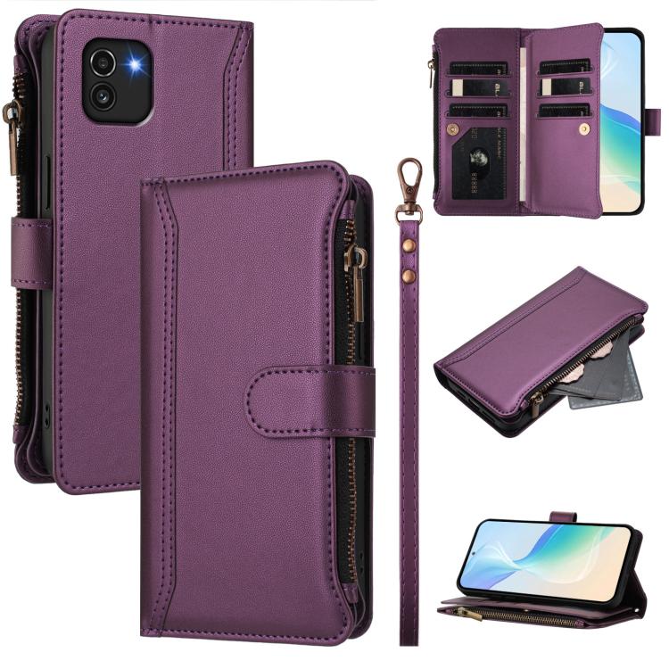 Magnetic Closure 9 Card Slots Zipper Leather Case with Hand Strap, For Samsung Galaxy A33 5G, For Samsung Galaxy A03 164mm, For Samsung Galaxy A03 166mm, For Samsung Galaxy A52 5G / 4G / A52s, For Samsung Galaxy A03s 164mm, For Samsung Galaxy A03s 166m...