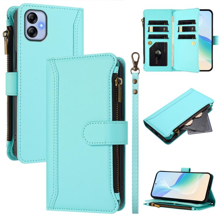 Magnetic Closure 9 Card Slots Zipper Leather Case with Hand Strap, For Samsung Galaxy A04e / F04 / M04 4G, For Samsung Galaxy A14 5G / 4G, For Samsung Galaxy A34 5G, For Samsung Galaxy A54 5G, For Samsung Galaxy A13 5G / 4G / A04s                      ...