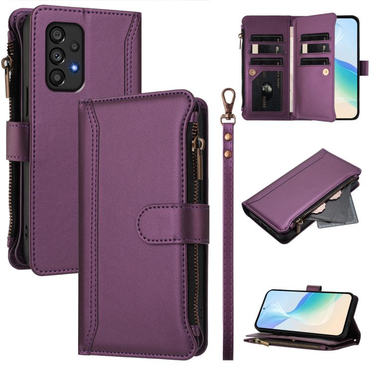 Magnetic Closure 9 Card Slots Zipper Leather Case with Hand Strap, For Samsung Galaxy A04e / F04 / M04 4G, For Samsung Galaxy A14 5G / 4G, For Samsung Galaxy A34 5G, For Samsung Galaxy A54 5G, For Samsung Galaxy A13 5G / 4G / A04s                      ...