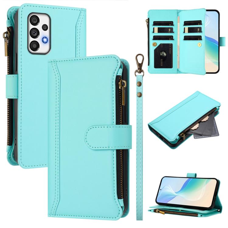 Magnetic Closure 9 Card Slots Zipper Leather Case with Hand Strap, For Samsung Galaxy A04e / F04 / M04 4G, For Samsung Galaxy A14 5G / 4G, For Samsung Galaxy A34 5G, For Samsung Galaxy A54 5G, For Samsung Galaxy A13 5G / 4G / A04s                      ...