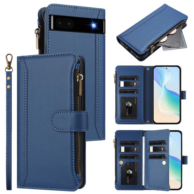 Magnetic Closure 9 Card Slots Zipper Leather Case with Hand Strap, For Google Pixel 7a, For Google Pixel 7 Pro 5G, For Google Pixel 7 5G, For Google Pixel 6a