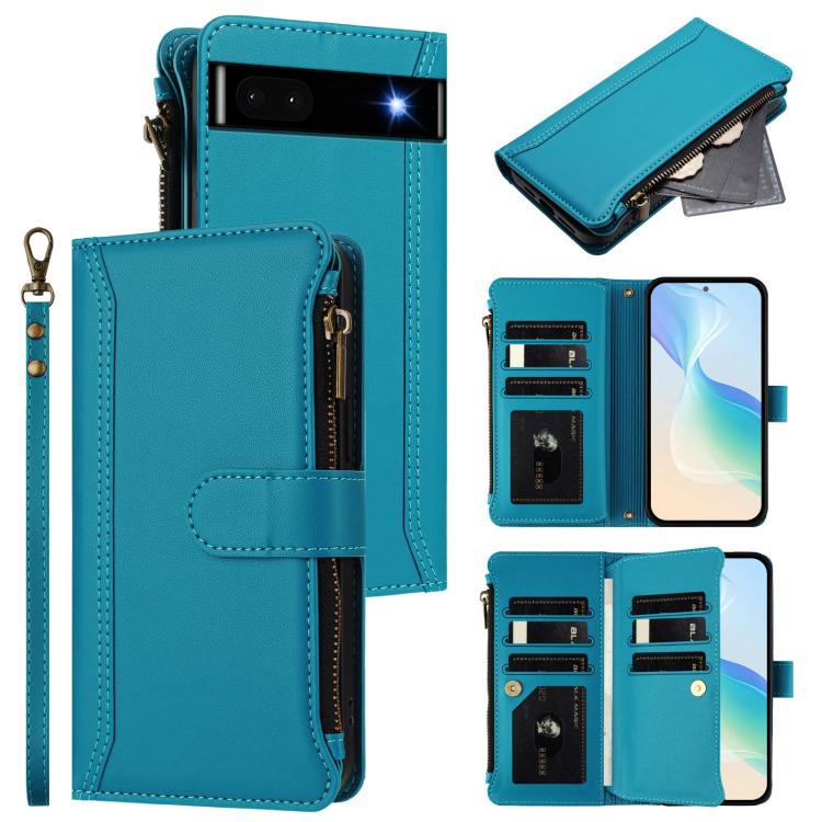 Magnetic Closure 9 Card Slots Zipper Leather Case with Hand Strap, For Google Pixel 7a, For Google Pixel 7 Pro 5G, For Google Pixel 7 5G, For Google Pixel 6a