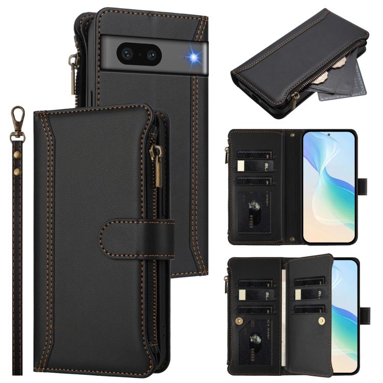 Magnetic Closure 9 Card Slots Zipper Leather Case with Hand Strap, For Google Pixel 7a, For Google Pixel 7 Pro 5G, For Google Pixel 7 5G, For Google Pixel 6a