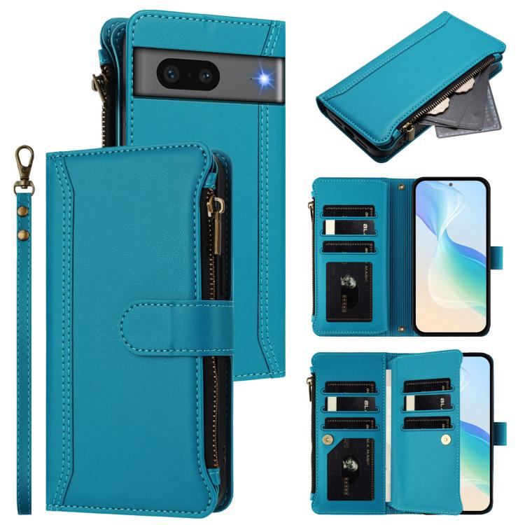 Magnetic Closure 9 Card Slots Zipper Leather Case with Hand Strap, For Google Pixel 7a, For Google Pixel 7 Pro 5G, For Google Pixel 7 5G, For Google Pixel 6a