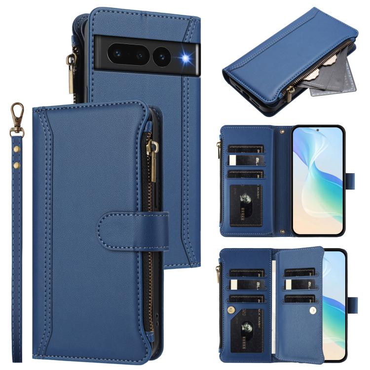 Magnetic Closure 9 Card Slots Zipper Leather Case with Hand Strap, For Google Pixel 7a, For Google Pixel 7 Pro 5G, For Google Pixel 7 5G, For Google Pixel 6a