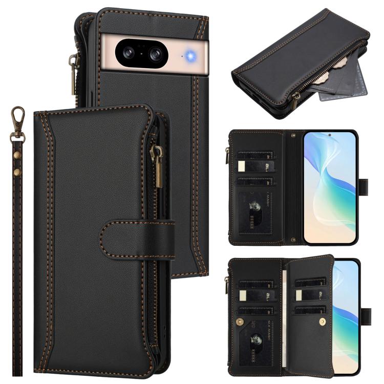 Magnetic Closure 9 Card Slots Zipper Leather Case with Hand Strap, For Google Pixel 11 Pro XL, For Google Pixel 11 Pro / 11, For Google Pixel 10 Pro XL 5G, For Google Pixel 10 5G Global, For Google Pixel 9a, For Google Pixel 8a, For Google Pixel 8 Pro ...
