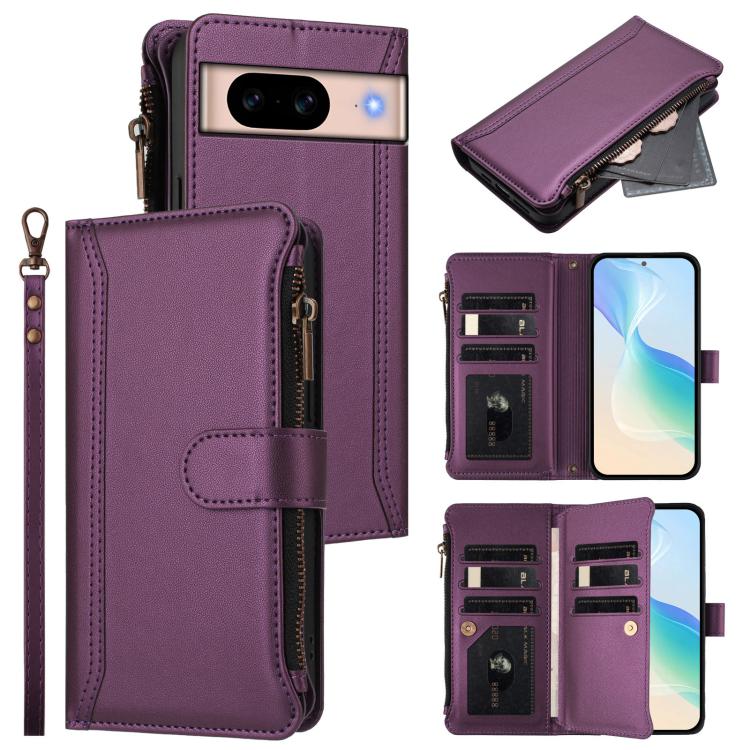 Magnetic Closure 9 Card Slots Zipper Leather Case with Hand Strap, For Google Pixel 11 Pro XL, For Google Pixel 11 Pro / 11, For Google Pixel 10 Pro XL 5G, For Google Pixel 10 5G Global, For Google Pixel 9a, For Google Pixel 8a, For Google Pixel 8 Pro ...