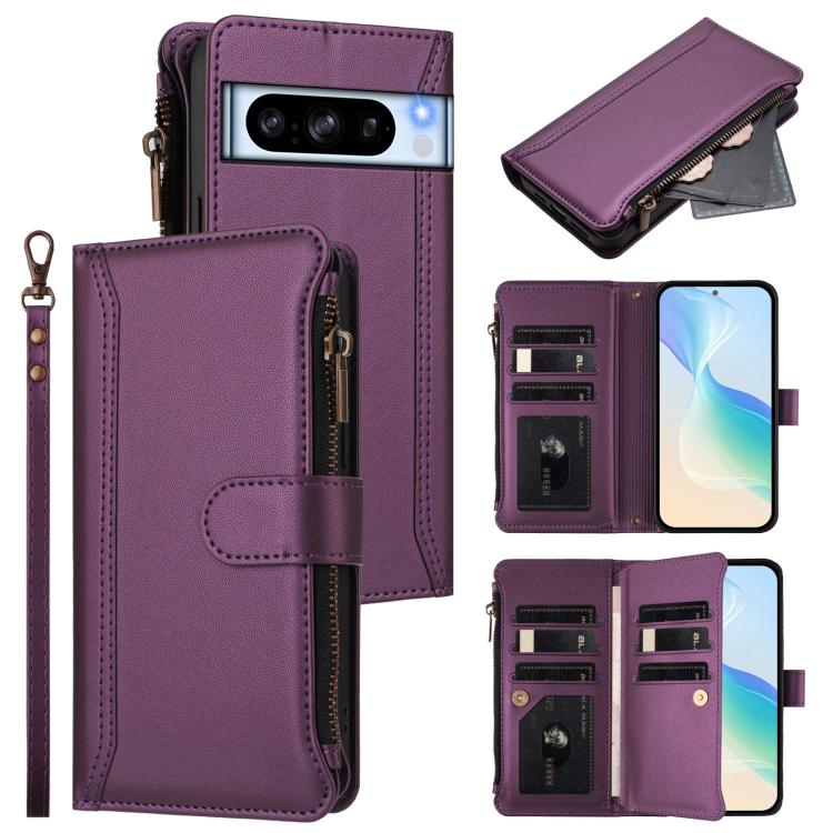 Magnetic Closure 9 Card Slots Zipper Leather Case with Hand Strap, For Google Pixel 11 Pro XL, For Google Pixel 11 Pro / 11, For Google Pixel 10 Pro XL 5G, For Google Pixel 10 5G Global, For Google Pixel 9a, For Google Pixel 8a, For Google Pixel 8 Pro ...