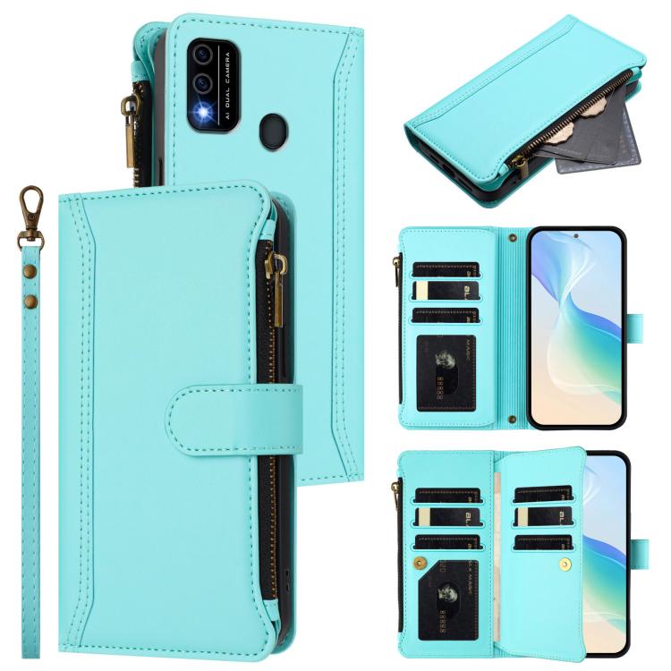 Magnetic Closure 9 Card Slots Zipper Leather Case with Hand Strap, For itel A48