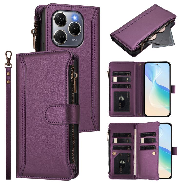 Magnetic Closure 9 Card Slots Zipper Leather Case with Hand Strap, For Tecno Spark 30 5G, For Tecno Spark 30 5G/Pova 6 Neo 5G, For Tecno Spark 30 Pro 4G, For Tecno Spark 30 4G, For Tecno Spark 30C 4G, For Tecno Spark 20 Pro 5G, For Tecno Pop 6C / A18  ...