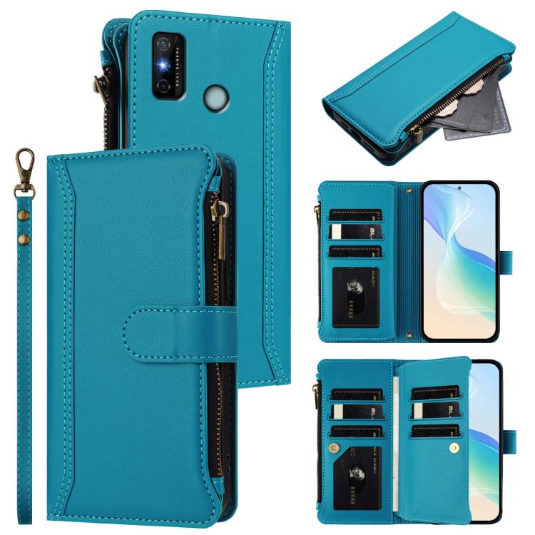 Magnetic Closure 9 Card Slots Zipper Leather Case with Hand Strap, For Tecno Pova 3, For Tecno Spark 6 Go/Spark Go 2021