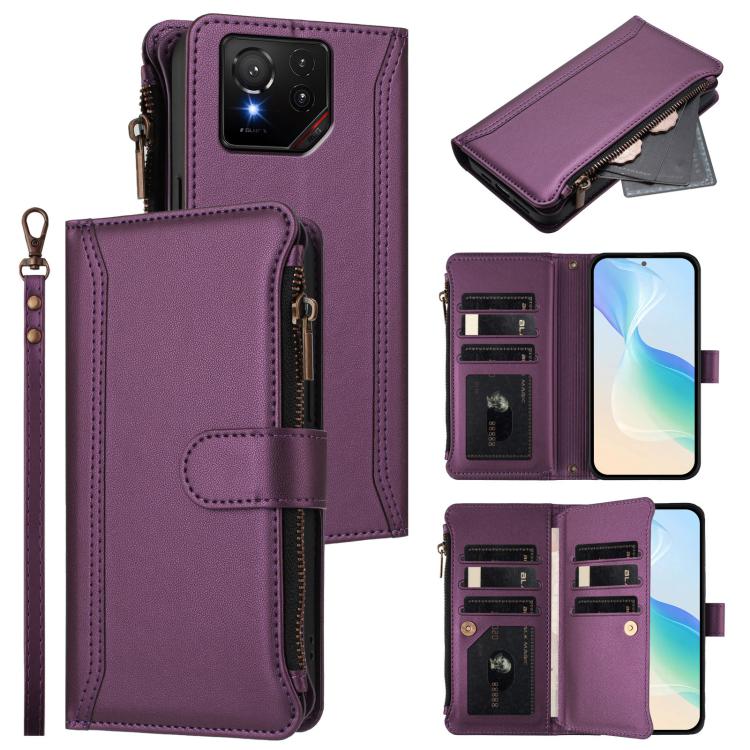 Magnetic Closure 9 Card Slots Zipper Leather Case with Hand Strap, For Asus Zenfone 12 Ultra, For Asus ROG Phone 9 / 9 Pro, For Asus Zenfone 11 Ultra, For Asus ROG Phone 8 / 8 Pro