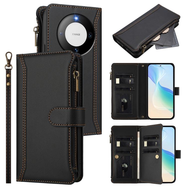 Magnetic Closure 9 Card Slots Zipper Leather Case with Hand Strap, For Huawei Pura 70, For Huawei Mate 60 Pro / 60 Pro+, For Huawei Mate 60, For Huawei P60 Art, For Huawei P60 / P60 Pro, For Huawei Enjoy 50 Pro 4G, For Huawei Enjoy 50 4G