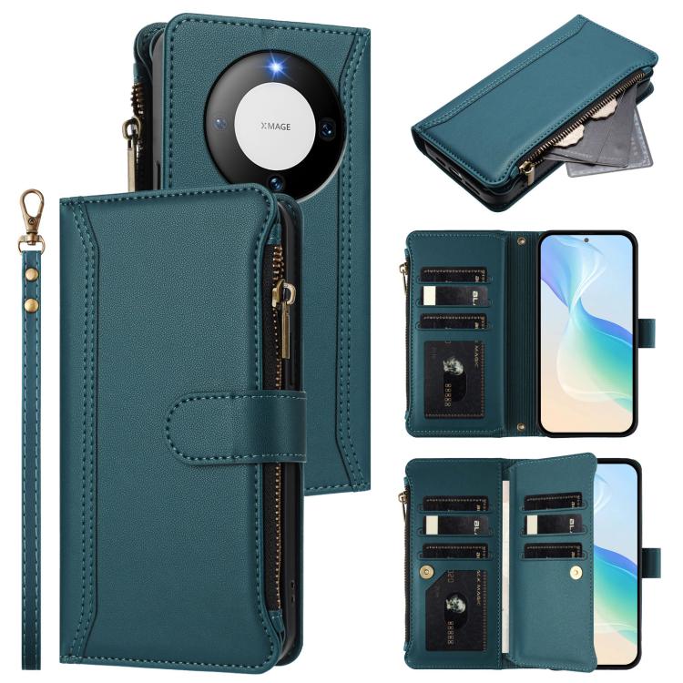 Magnetic Closure 9 Card Slots Zipper Leather Case with Hand Strap, For Huawei Pura 70, For Huawei Mate 60 Pro / 60 Pro+, For Huawei Mate 60, For Huawei P60 Art, For Huawei P60 / P60 Pro, For Huawei Enjoy 50 Pro 4G, For Huawei Enjoy 50 4G