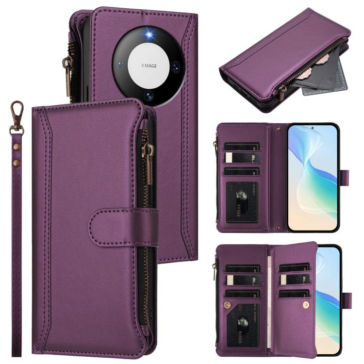 Magnetic Closure 9 Card Slots Zipper Leather Case with Hand Strap, For Huawei Pura 70, For Huawei Mate 60 Pro / 60 Pro+, For Huawei Mate 60, For Huawei P60 Art, For Huawei P60 / P60 Pro, For Huawei Enjoy 50 Pro 4G, For Huawei Enjoy 50 4G