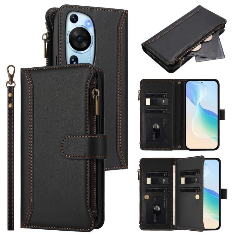 Magnetic Closure 9 Card Slots Zipper Leather Case with Hand Strap, For Huawei Pura 70, For Huawei Mate 60 Pro / 60 Pro+, For Huawei Mate 60, For Huawei P60 Art, For Huawei P60 / P60 Pro, For Huawei Enjoy 50 Pro 4G, For Huawei Enjoy 50 4G