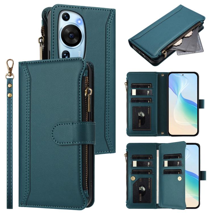 Magnetic Closure 9 Card Slots Zipper Leather Case with Hand Strap, For Huawei Pura 70, For Huawei Mate 60 Pro / 60 Pro+, For Huawei Mate 60, For Huawei P60 Art, For Huawei P60 / P60 Pro, For Huawei Enjoy 50 Pro 4G, For Huawei Enjoy 50 4G