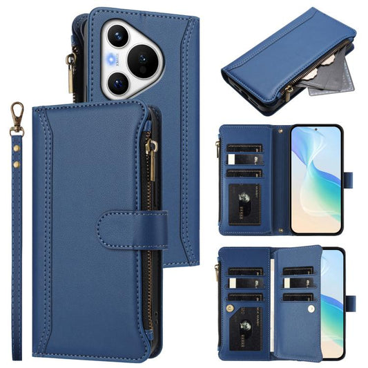 Magnetic Closure 9 Card Slots Zipper Leather Case with Hand Strap, For Huawei Pura 70, For Huawei Mate 60 Pro / 60 Pro+, For Huawei Mate 60, For Huawei P60 Art, For Huawei P60 / P60 Pro, For Huawei Enjoy 50 Pro 4G, For Huawei Enjoy 50 4G