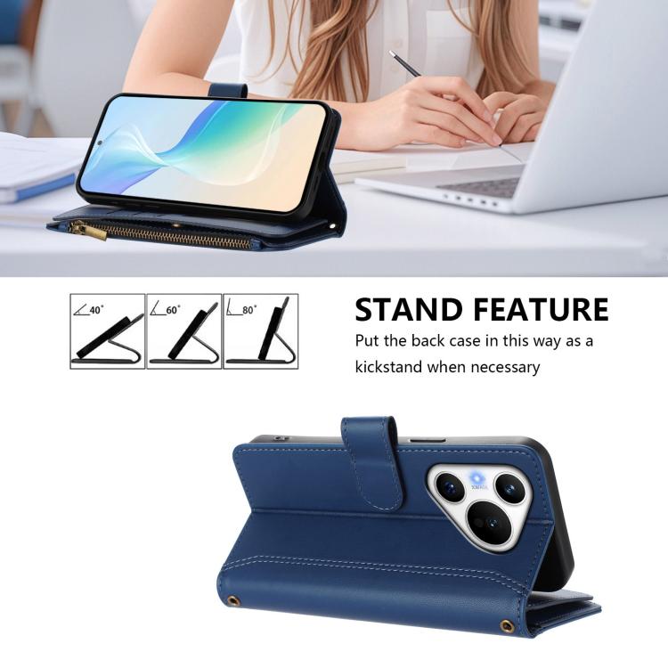 Magnetic Closure 9 Card Slots Zipper Leather Case with Hand Strap, For Huawei Pura 70, For Huawei Mate 60 Pro / 60 Pro+, For Huawei Mate 60, For Huawei P60 Art, For Huawei P60 / P60 Pro, For Huawei Enjoy 50 Pro 4G, For Huawei Enjoy 50 4G