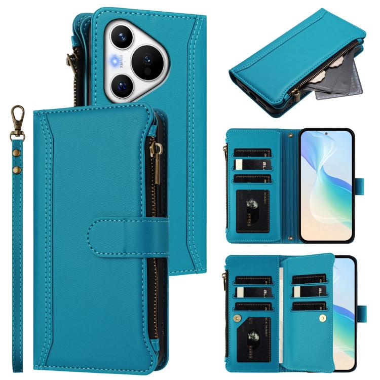 Magnetic Closure 9 Card Slots Zipper Leather Case with Hand Strap, For Huawei Pura 70, For Huawei Mate 60 Pro / 60 Pro+, For Huawei Mate 60, For Huawei P60 Art, For Huawei P60 / P60 Pro, For Huawei Enjoy 50 Pro 4G, For Huawei Enjoy 50 4G