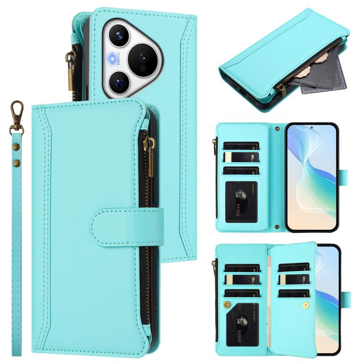 Magnetic Closure 9 Card Slots Zipper Leather Case with Hand Strap, For Huawei Pura 70, For Huawei Mate 60 Pro / 60 Pro+, For Huawei Mate 60, For Huawei P60 Art, For Huawei P60 / P60 Pro, For Huawei Enjoy 50 Pro 4G, For Huawei Enjoy 50 4G