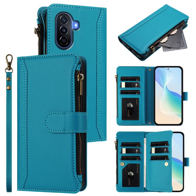 Magnetic Closure 9 Card Slots Zipper Leather Case with Hand Strap, For Huawei Pura 70, For Huawei Mate 60 Pro / 60 Pro+, For Huawei Mate 60, For Huawei P60 Art, For Huawei P60 / P60 Pro, For Huawei Enjoy 50 Pro 4G, For Huawei Enjoy 50 4G