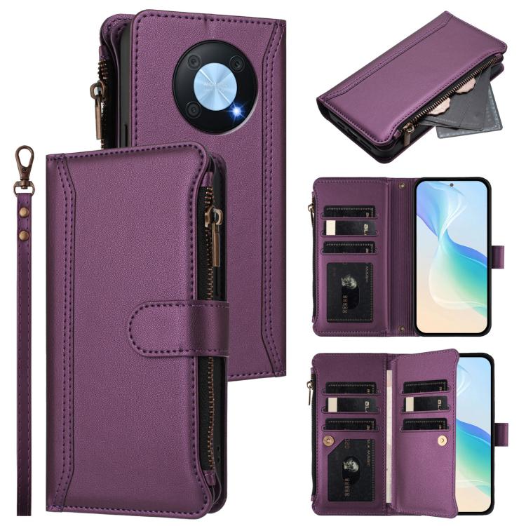 Magnetic Closure 9 Card Slots Zipper Leather Case with Hand Strap, For Huawei Pura 70, For Huawei Mate 60 Pro / 60 Pro+, For Huawei Mate 60, For Huawei P60 Art, For Huawei P60 / P60 Pro, For Huawei Enjoy 50 Pro 4G, For Huawei Enjoy 50 4G