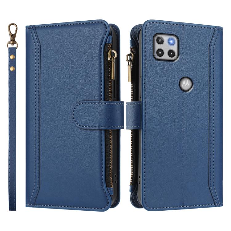 Magnetic Closure 9 Card Slots Zipper Leather Case with Hand Strap, For Motorola One 5G Ace